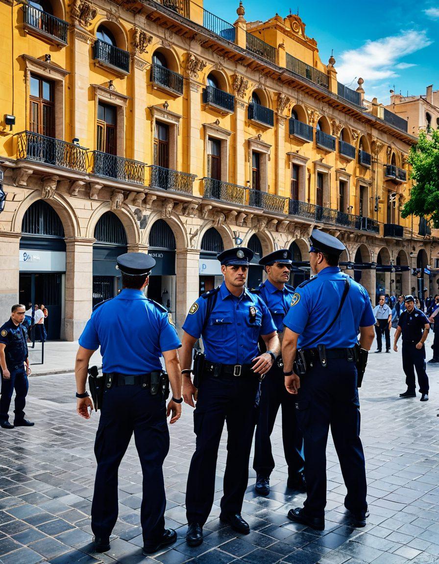 A detailed and vivid scene depicting the Policia Nacional officers in Spain actively engaging with the community; officers patrolling a bustling city square, interacting with citizens, and investigating in a modern forensic lab. Background showcasing iconic Spanish architecture. super-realistic. vibrant colors.