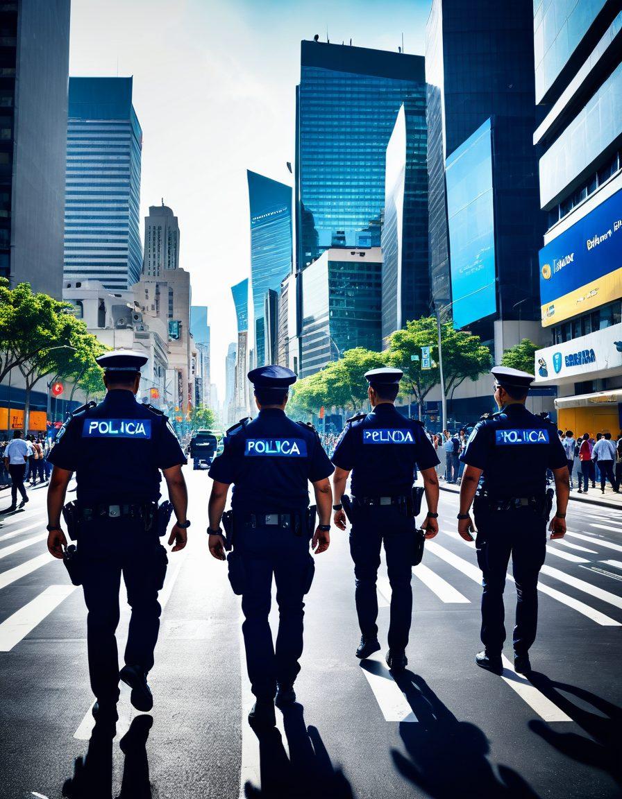A dynamic and action-packed scene of Policia Nacional officers in various roles: patrolling the city streets, engaging in community outreach, and strategizing in a high-tech control center. The backdrop features a bustling urban landscape, modern technology, and citizens interacting positively with officers. super-realistic. vibrant colors. urban setting.