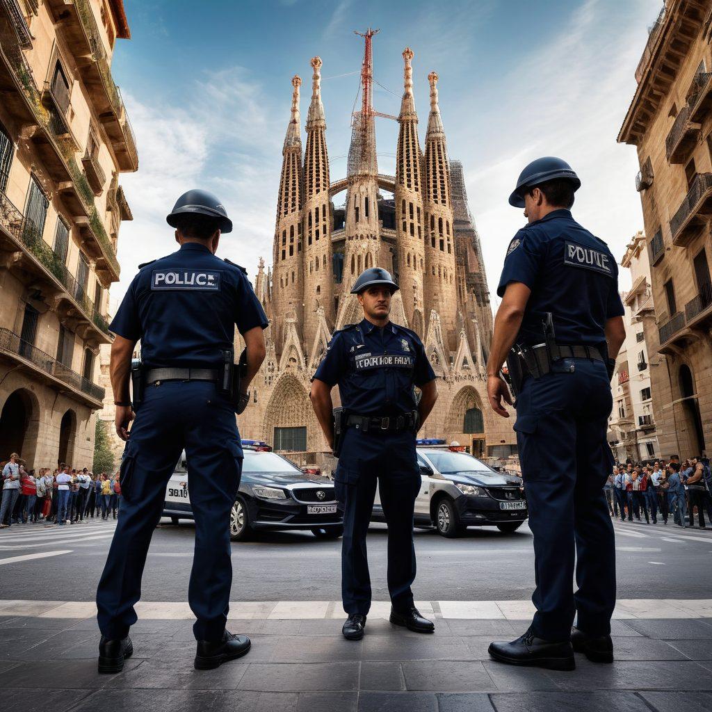 A heroic depiction of Spain's National Police Force in action, showcasing officers in uniform protecting citizens, urban scenes with police cars, and a backdrop of Spanish landmarks like the Sagrada Familia. Brave officers helping community members, maintaining peace, and ensuring public safety. super-realistic. vibrant colors. patriotic theme.